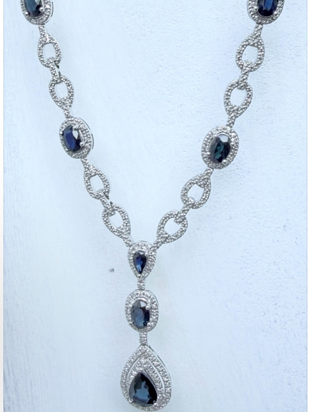 14K Turkey Solid Gold Heavy Natural Sapphire Diamond Drop 20" Necklace 15.15g